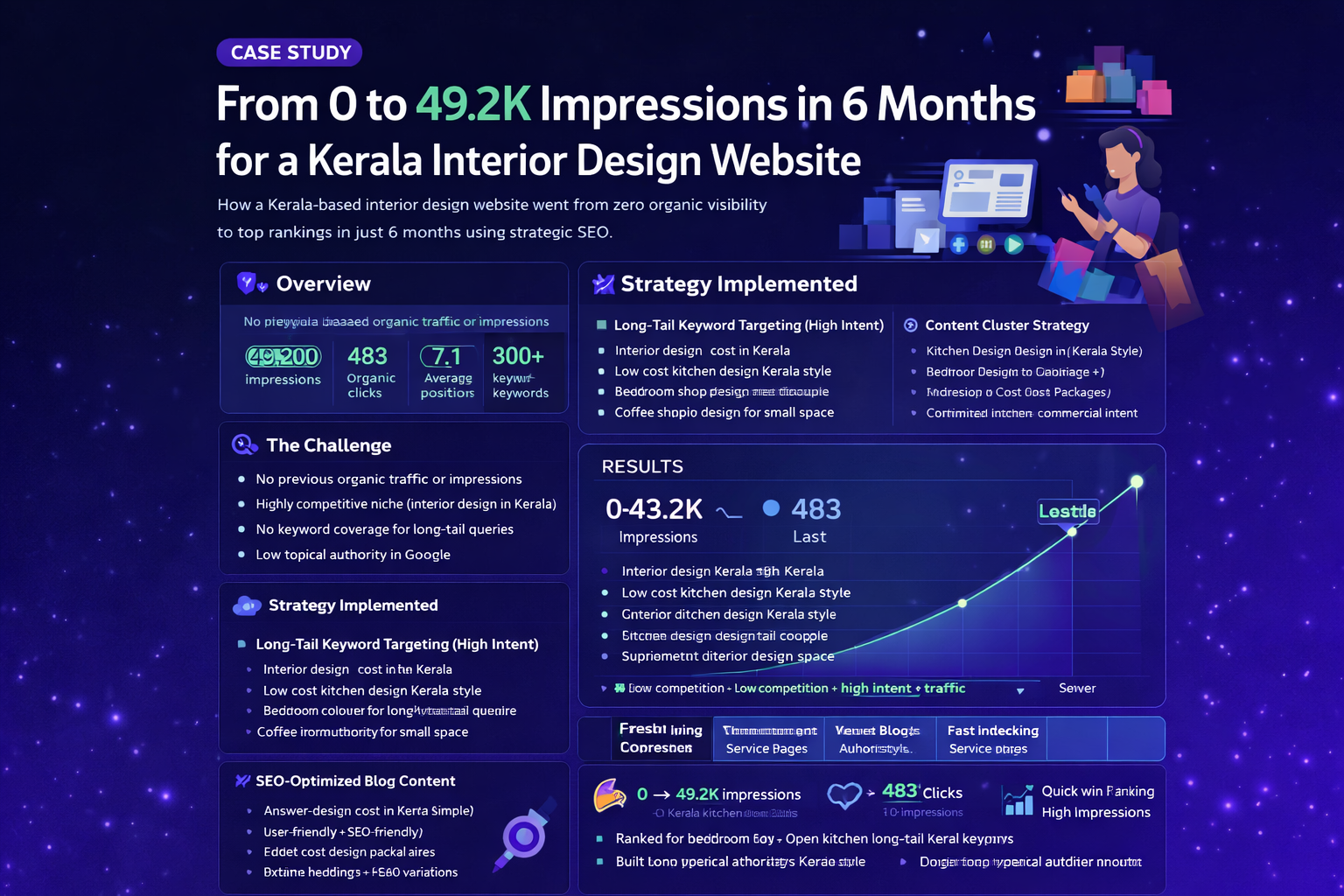 See how a Kerala interior design website grew from 0 to 49,200 impressions and 483 clicks in 6 months using long-tail SEO and content strategy.